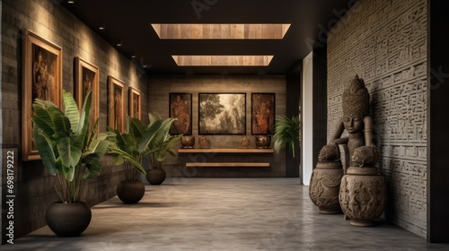 Foto The hallway has an oak ceiling and some potted plants, in the style of african-i