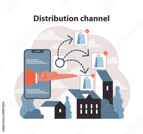 Market penetration concept. Hand guiding the efficient distribution channel from mobile to urban stores. Streamlining product delivery. Enhancing supply chain visibility. Flat vector illustration.