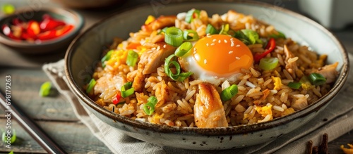 Nutritious fried rice with chicken, egg, and green onion.