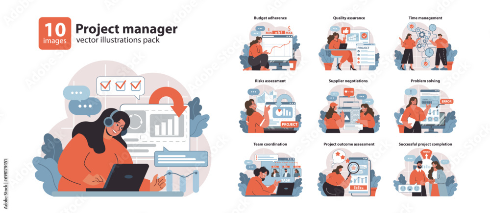 Project Manager set. Strategic planning and effective communication. Navigating budget and time constraints. Ensuring quality, assessing risks. Flat vector illustration.