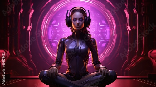 Synthwave noir meditating android woman