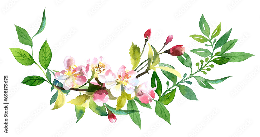 Beautiful apple blossom flowers illustration.Hello spring concept. Easter blooming flower. Pink cherry blossom artwork.