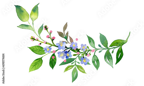 Beautiful forget me not flowers illustration.Hello spring concept. Easter blooming flower. Pink cherry blossom artwork.