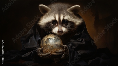 A baby raccoon holding a shiny object, its mask-like face filled with intrigue.