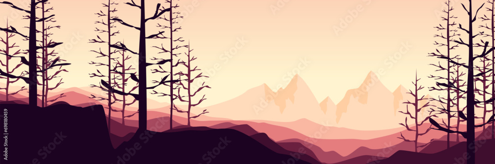 sunset landscape mountain scenery vector illustration for vacation background, wallpaper, background template, backdrop design, and design template