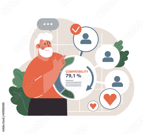 Senior man navigates online dating, analyzing compatibility percentages and potential matches with excitement. Flat vector illustration