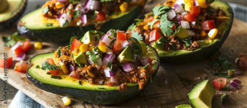 Avocado-filled boats, garnished with taco fixings. photo