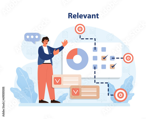 Relevance in goal-setting displayed. Man highlighting key data points, pie chart analysis, and task completion. Aligning objectives with pertinent actions. Strategic alignment, focused outcomes © inspiring.team