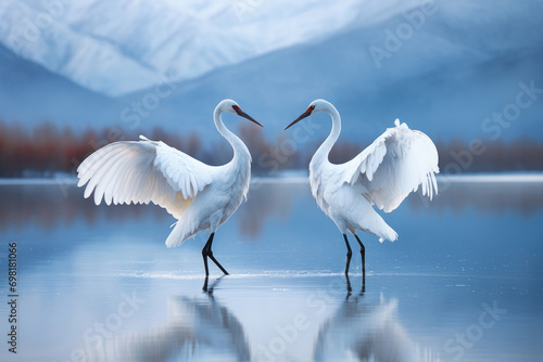 Siberian Cranes engage in a courtship dance against the wintry backdrop