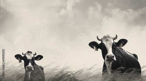 A black and white image capturing the contrast of cows against a textured grassy backdrop.