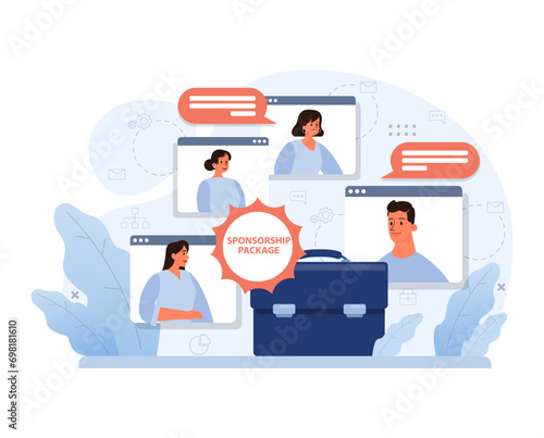 Team collaborates on virtual meetings, discussing the nuances of a sponsorship package. Conversations blend business and support opportunities. Digital endorsement and partnership. vector illustration