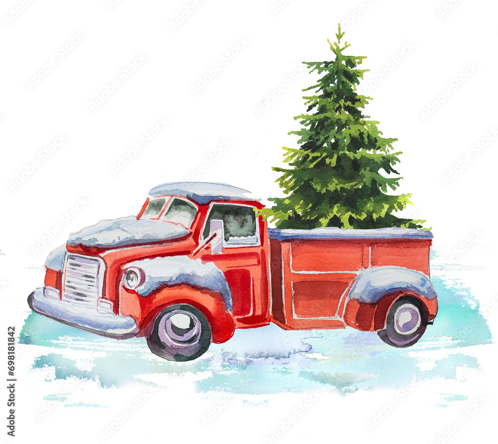 Beautiful hand painted Christmas design. Vintage car with Christmas wreath  illustration isolated on white background. Winter clipart for cards, invitations,posters,prints.