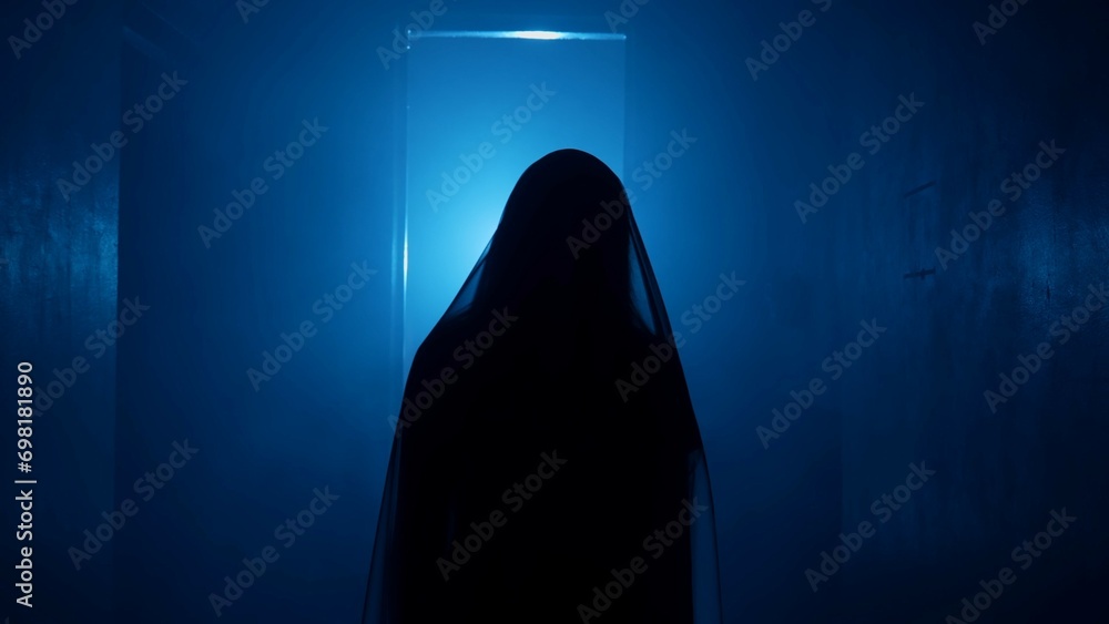 Portrait of ghost female in the house. Woman in white dress with veil covering her face walking in the room with blue lightning. Portrait of ghost female in the house. Woman in white dress with veil covering her face walking in the room with blue lightning.