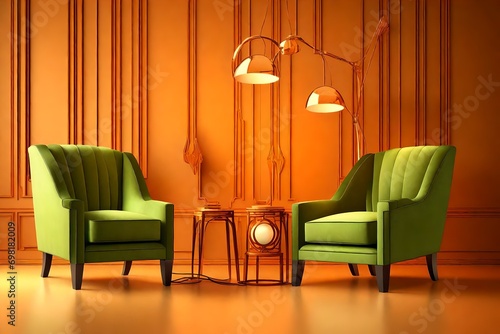 Interior with Art Deco armchairs. Green armchairs and lamp on orange background, 3D render 