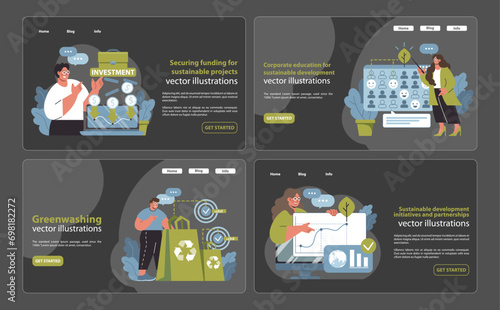 Sustainable investment toolkit. Strategies for eco-funding, educational outreach, and partnership dynamics. Green finance in focus. Flat vector illustration.