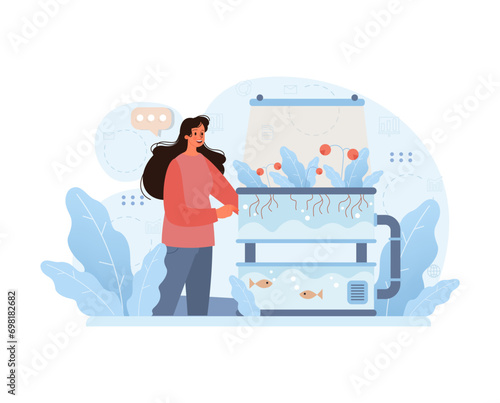Woman monitoring a multi-tiered hydroponic system, cultivating fresh produce above and fish below, illustrating urban aquaponics farming. Flat vector illustration