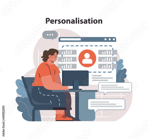 Personalisation in digital platform concept. Woman at computer adjusts user profile settings on a webpage, enhancing tailored content delivery. Individual user experience focus. vector illustration