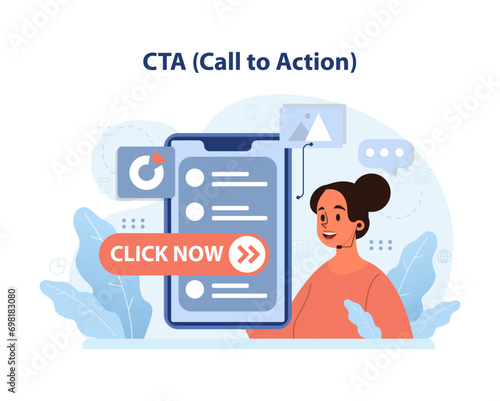CTA Call to Action concept. Enthusiastic marketer prompts action with a bold Click Now button. Engaging users, driving conversions, immediate online response, urging participation. vector illustration