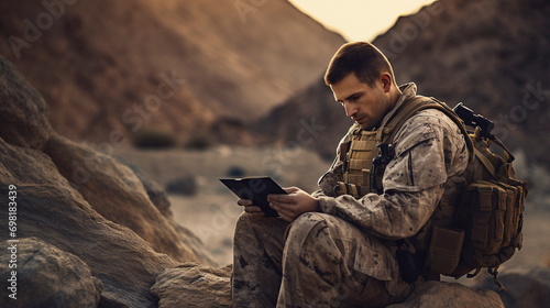Soldier in Action: Digital Warfare with Tablet in the Middle East, Generative AI