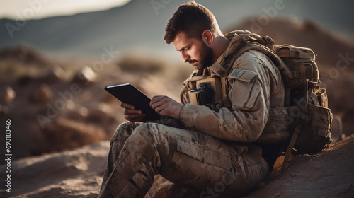 Digital Combat: Soldier in Action with Tablet in the Middle East, Generative AI