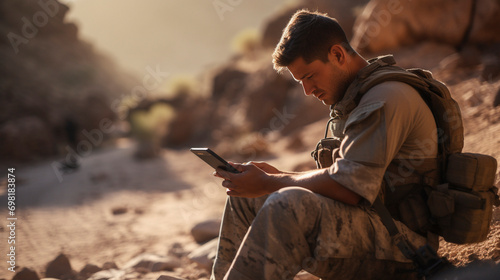 Modern Warfare Tech: Soldier with Tactical Tablet in Deployment, Generative AI
