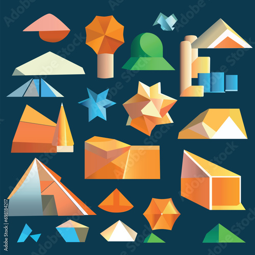 abstract objects made of multicolored geometric shapes on a dark background
