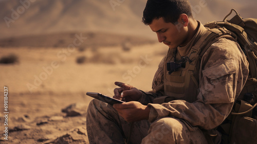 Military Information: US Soldier Operating Tablet in Deployment, Generative AI