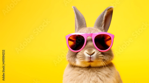Red-brown cute rabbit wearing sunglasses sitting isolated on white background. Lovely action of young rabbit. Funny bunny wearing pink sunglasses on yellow background. Easter concept.