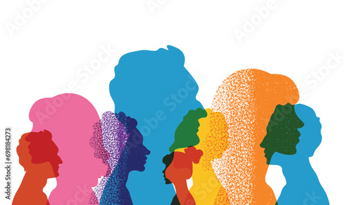 Different people stand side by side together. Group colored silhouette people from the side. Men and women portraits. Community of colleagues or collaborators, inclusive education, co-workers. 