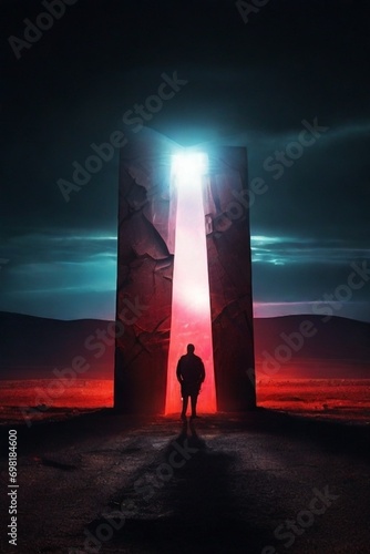 Illustration of a person passing through a portal. Futuristic concept of space travel.