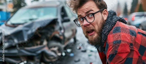Man has car accident and makes funny expression. photo
