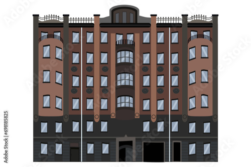 A multi-storey urban building with windows, balconies and doors in a flat style, isolated on a white background. Modern or old houses. Vector illustration