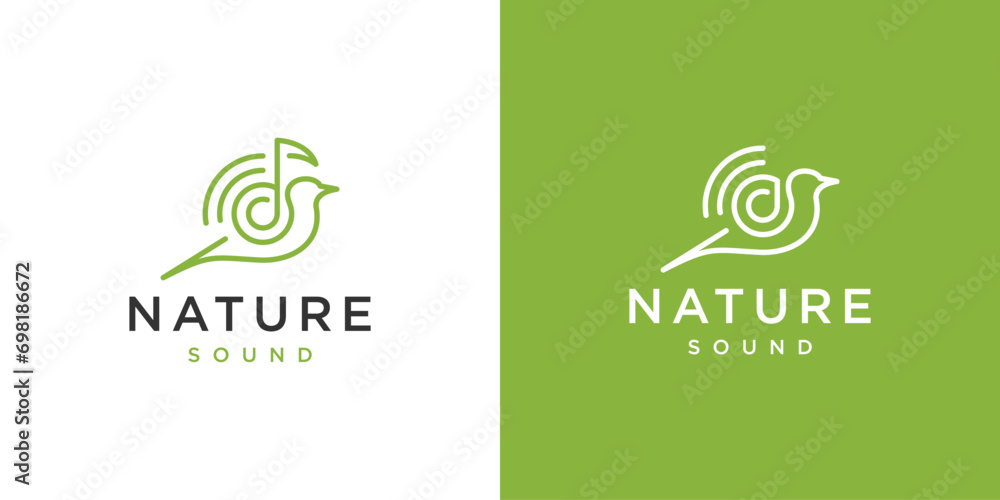 Creative Nature Sound Logo. Singing Bird with Key Note Symbol Sound Logo Design Template. - obrazy, fototapety, plakaty 