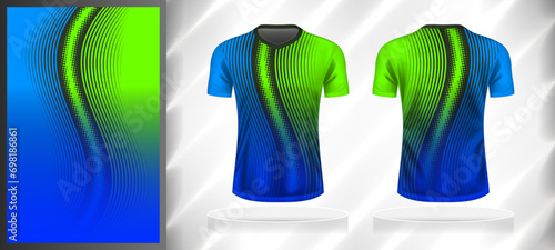 Vector sport pattern design template for V-neck T-shirt front and back with short sleeve view mockup. Shades of blue-green-grey color gradient abstract geometric line texture background illustration.