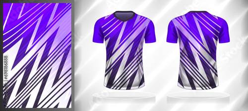 Vector sport pattern design template for V-neck T-shirt front and back with short sleeve view mockup. Dark and light shades of purple with white color gradient abstract line texture background.