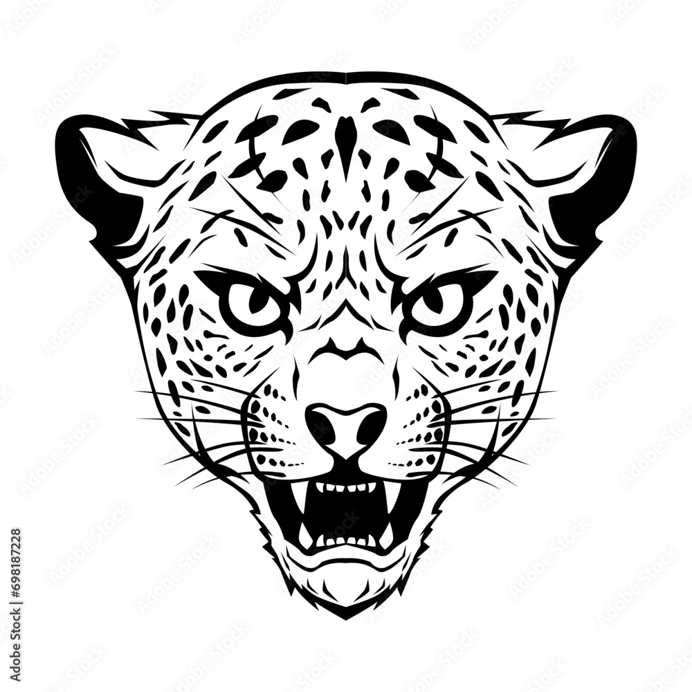 Fototapeta premium Cheetah leopard head drawing black and white vector illustration