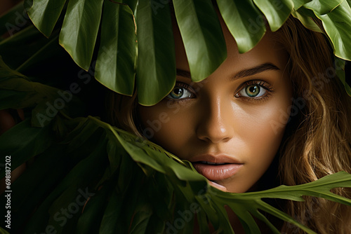 portrait of a woman with beautiful skin wearing palm tree leaf 