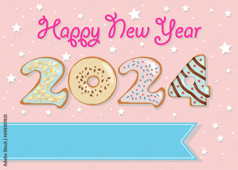 Delightful Donut-Themed New Year Greeting. The numbers are transformed into sweet donuts adorned with creamy swirls and nutty decorations. Background with confetti. Blue banner allows for custom text