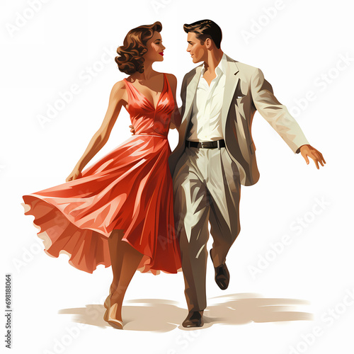 Caucasian girl and man in retro style clothes dancing, cartoon illustration. Man and woman in vintage clothing dancing