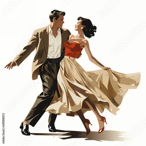 Caucasian girl and man in retro style clothes dancing, cartoon illustration. Man and woman in vintage clothing dancing