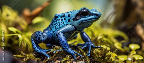 Exotic, poisonous, and beautiful terrarium pet, the blue dart frog Dendrobates Azureus originates from the Amazon rainforest.