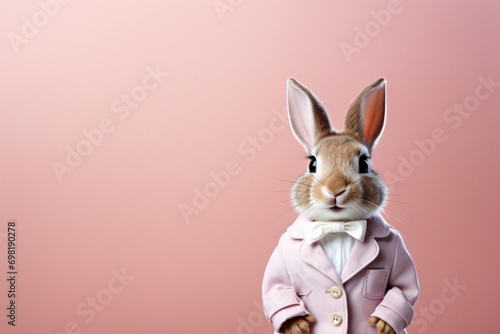 Easter bunny dressed in a suit with bow tie on pink background