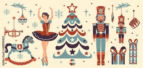 Nutcracker Christmas eve. Winter ballet collection. Noel aesthetic. Christmas tree baubles, decorations, toy soldier, ballerina. Elegant vintage decorations.