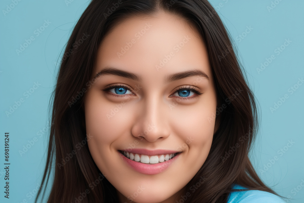 Portrait of beautiful young happy smiling woman in light blue shirt on blue background Portrait of beautiful young happy smiling woman in light blue shirt on blue background
