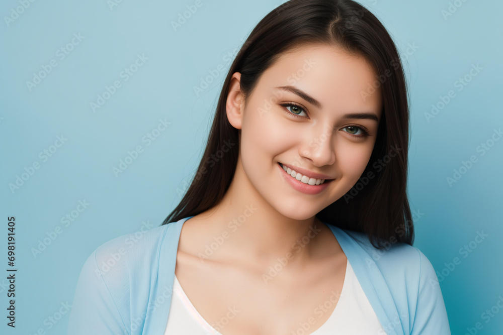Portrait of beautiful young happy smiling woman in light blue shirt on blue background Portrait of beautiful young happy smiling woman in light blue shirt on blue background