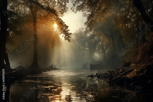 The morning river was misty and beams of light shone from the sky  © capuchino009