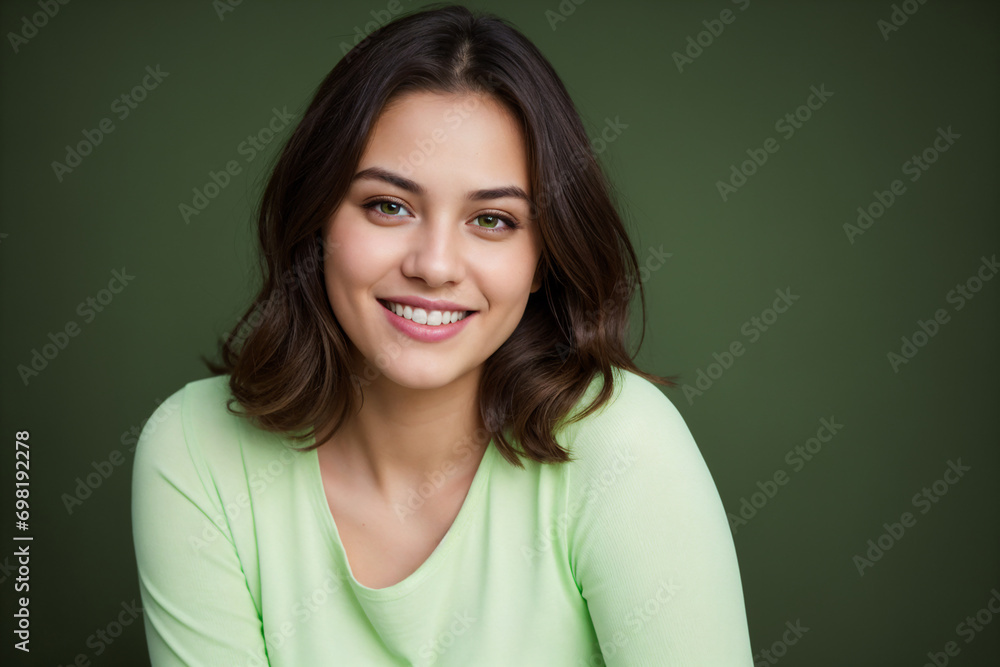 Fototapeta premium Portrait of beautiful young happy smiling woman in light green shirt on green background