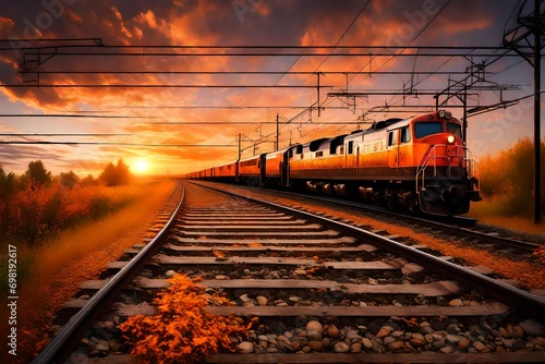 Orange sunset in low clouds over railroad 