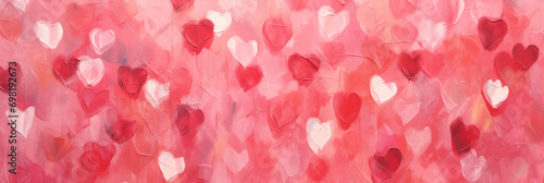 Valentines day abstract hearts background banner, art painting texture, acrylic brushstroke. Panoramic web header with copy space. Wide screen wallpaper