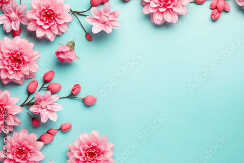 Bouquet of pink roses on a blue background top view copyspace.Valentine day concept